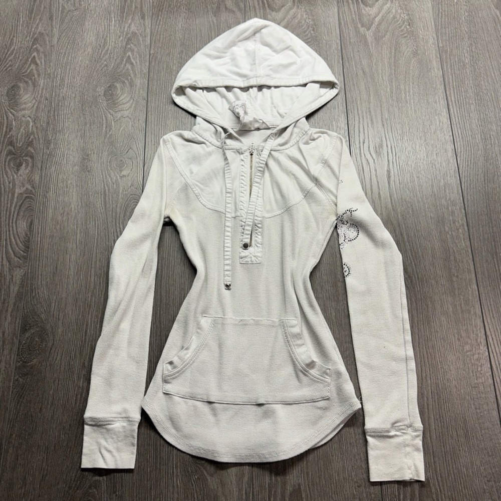 Guess Jeans Womens Y2K Thermal Waffle Knit XS Rhinestone Sleeve Hoodie White XS